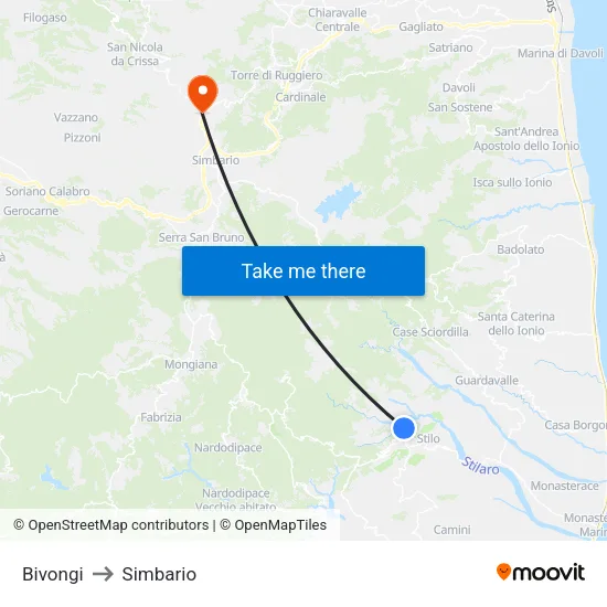 Bivongi to Simbario map
