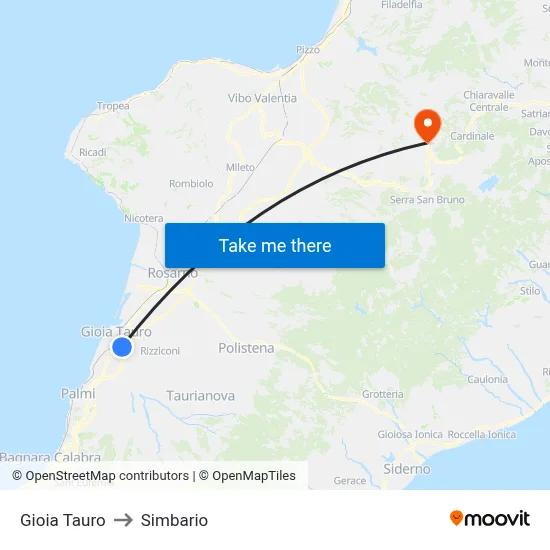 Gioia Tauro to Simbario map