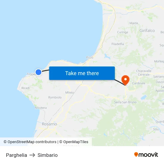 Parghelia to Simbario map