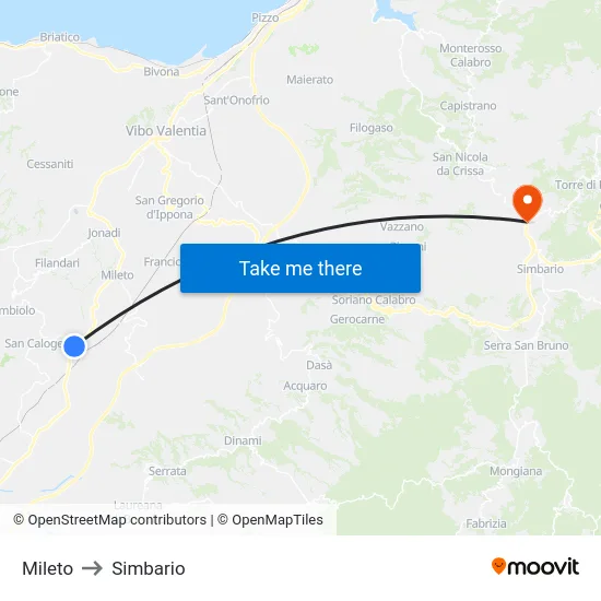 Mileto to Simbario map
