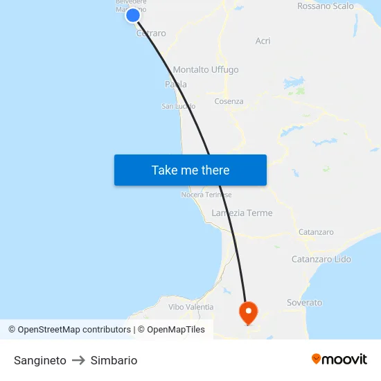 Sangineto to Simbario map