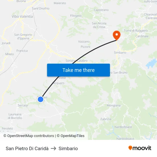 San Pietro Di Caridà to Simbario map