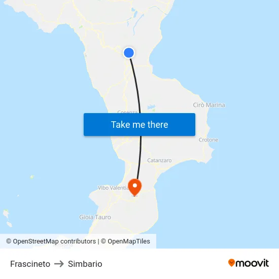 Frascineto to Simbario map