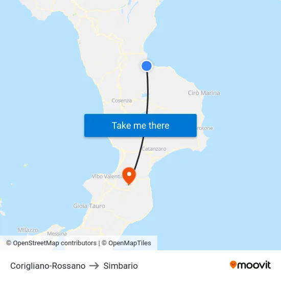 Corigliano-Rossano to Simbario map