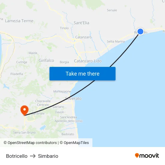 Botricello to Simbario map