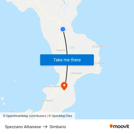 Spezzano Albanese to Simbario map