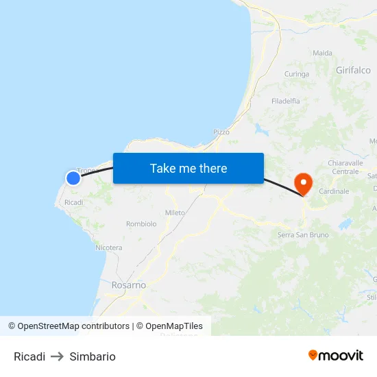 Ricadi to Simbario map