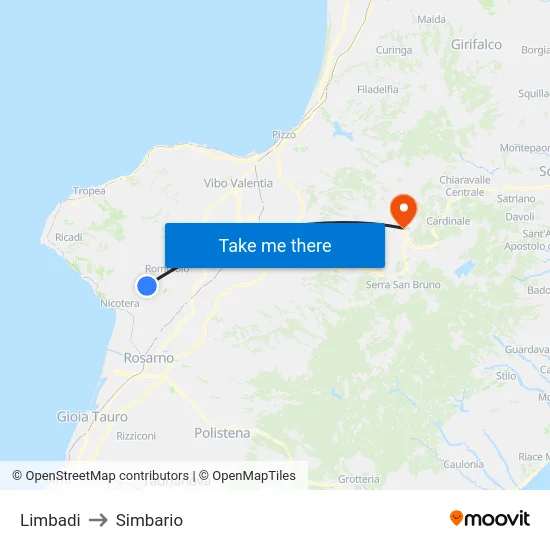 Limbadi to Simbario map