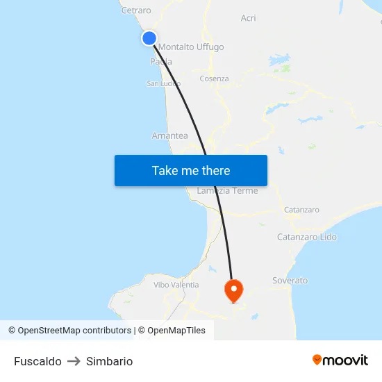 Fuscaldo to Simbario map
