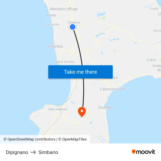 Dipignano to Simbario map