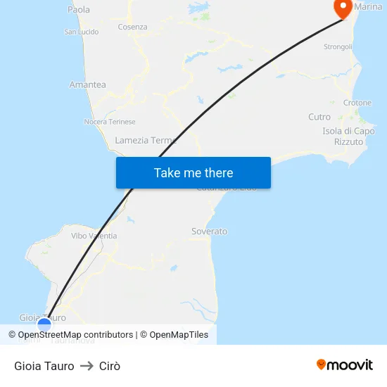 Gioia Tauro to Cirò map