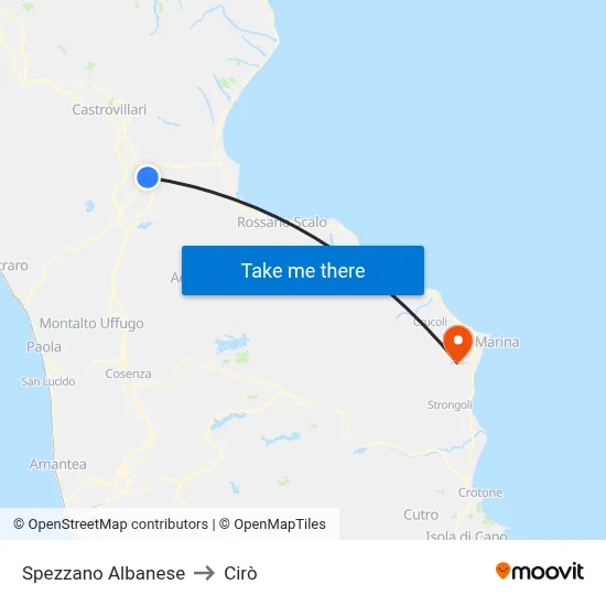 Spezzano Albanese to Cirò map