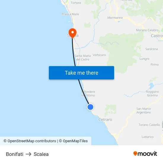 Bonifati to Scalea map