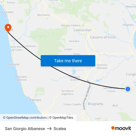 San Giorgio Albanese to Scalea map