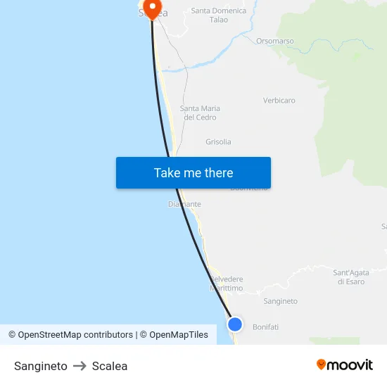 Sangineto to Scalea map