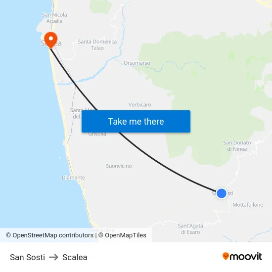 San Sosti to Scalea map