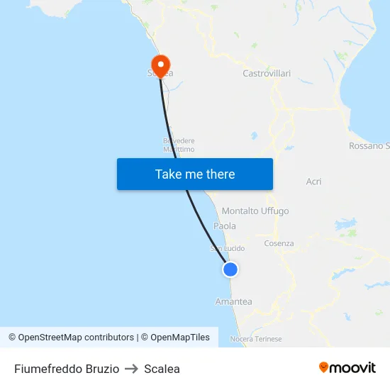 Fiumefreddo Bruzio to Scalea map
