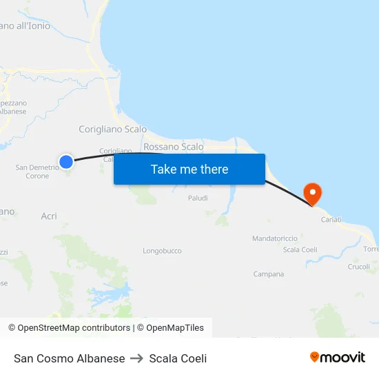 San Cosmo Albanese to Scala Coeli map