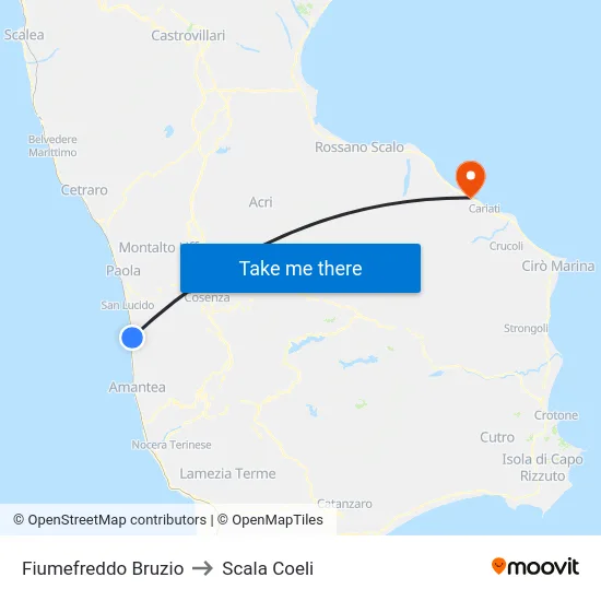 Fiumefreddo Bruzio to Scala Coeli map