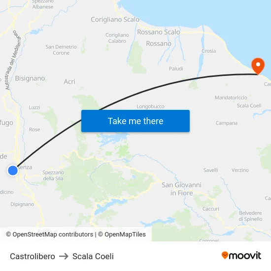 Castrolibero to Scala Coeli map