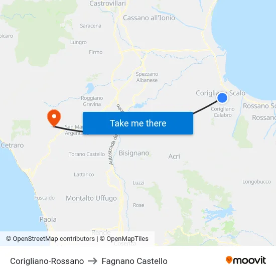 Corigliano-Rossano to Fagnano Castello map