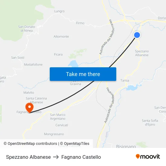 Spezzano Albanese to Fagnano Castello map