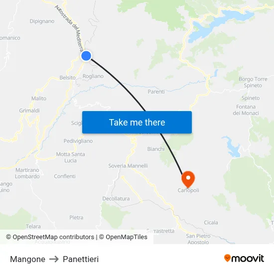 Mangone to Panettieri map