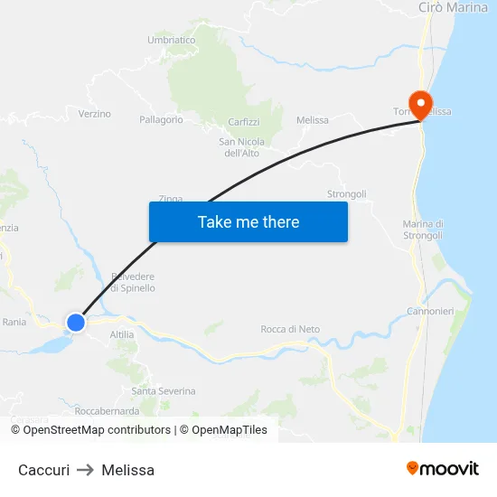 Caccuri to Melissa map
