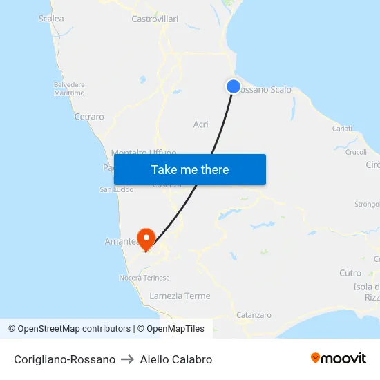 Corigliano-Rossano to Aiello Calabro map