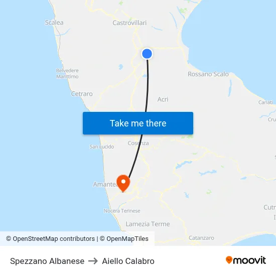 Spezzano Albanese to Aiello Calabro map