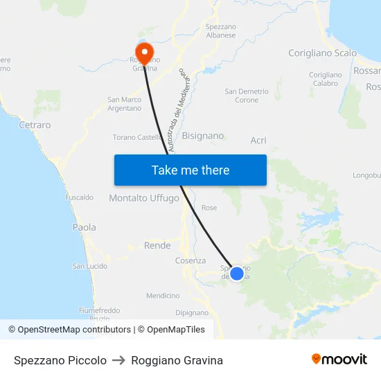 Spezzano Piccolo to Roggiano Gravina map