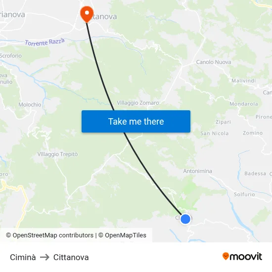 Ciminà to Cittanova map