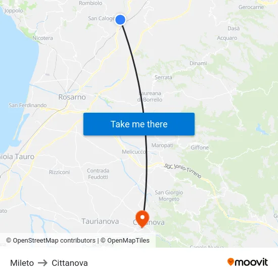 Mileto to Cittanova map