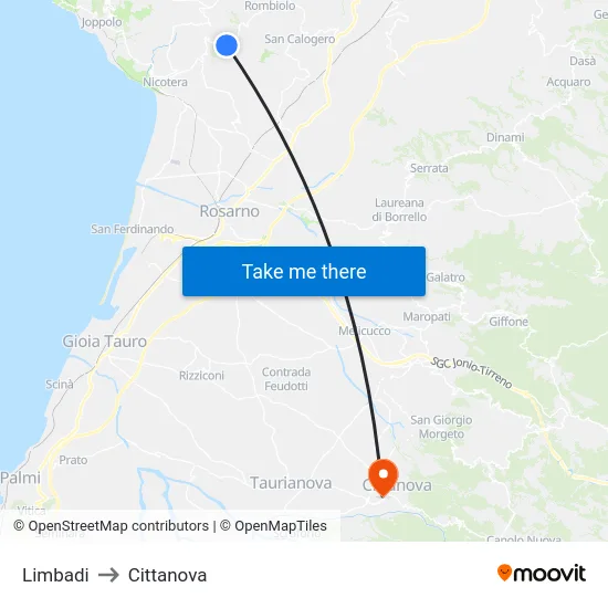 Limbadi to Cittanova map