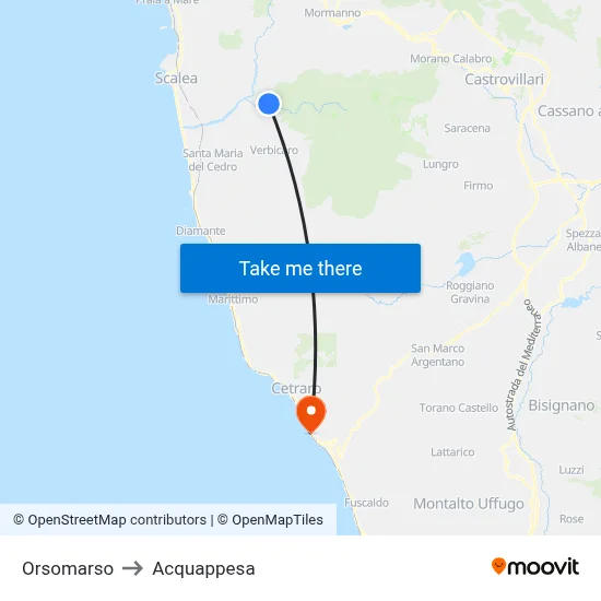 Orsomarso to Acquappesa map