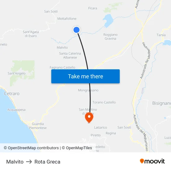Malvito to Rota Greca map