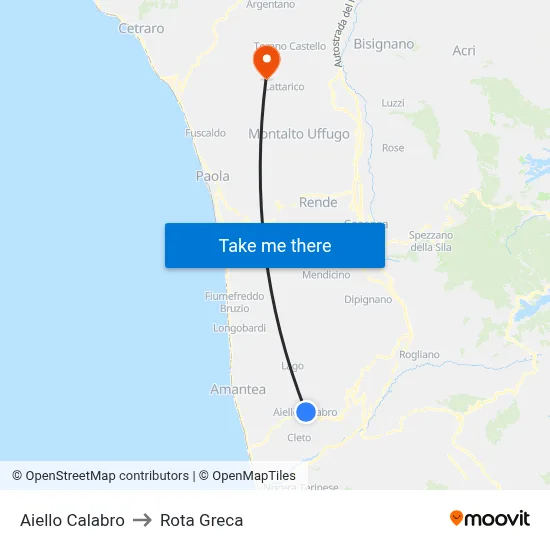 Aiello Calabro to Rota Greca map
