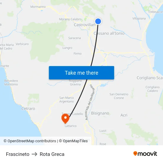 Frascineto to Rota Greca map