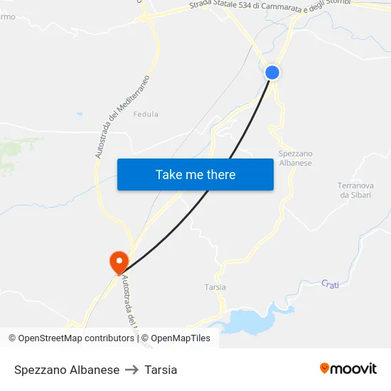 Spezzano Albanese to Tarsia map