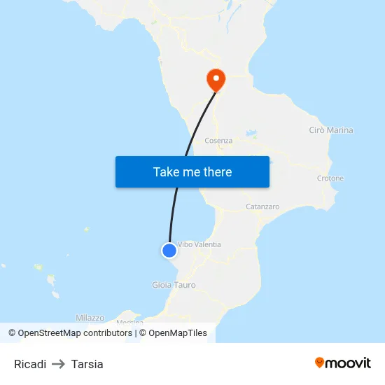 Ricadi to Tarsia map
