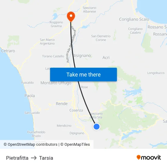 Pietrafitta to Tarsia map
