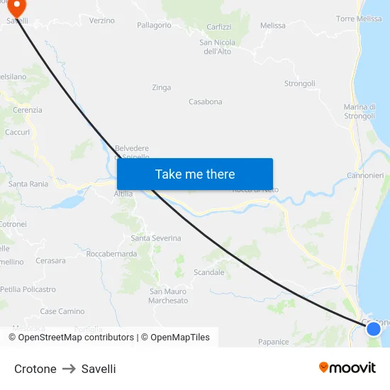 Crotone to Savelli map