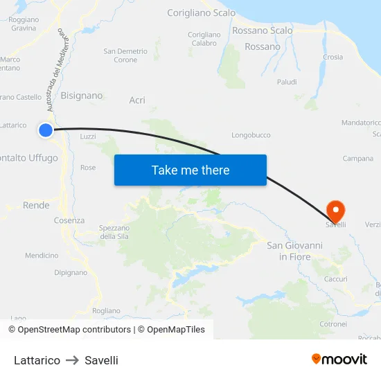 Lattarico to Savelli map