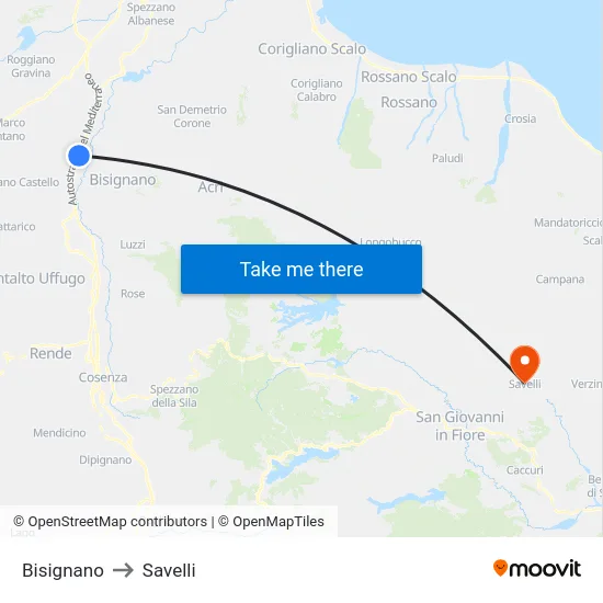Bisignano to Savelli map