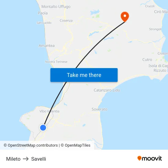 Mileto to Savelli map