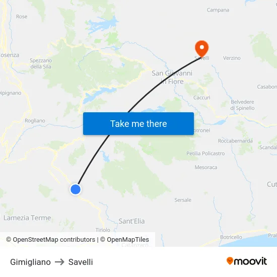 Gimigliano to Savelli map