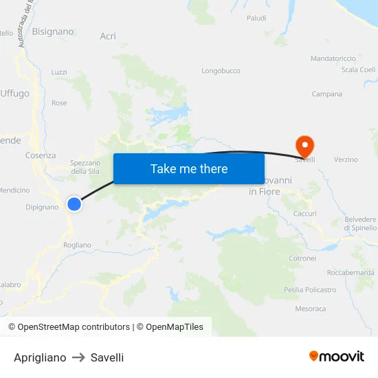 Aprigliano to Savelli map