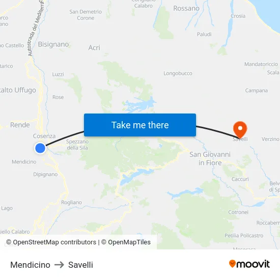 Mendicino to Savelli map