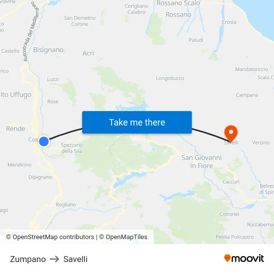 Zumpano to Savelli map