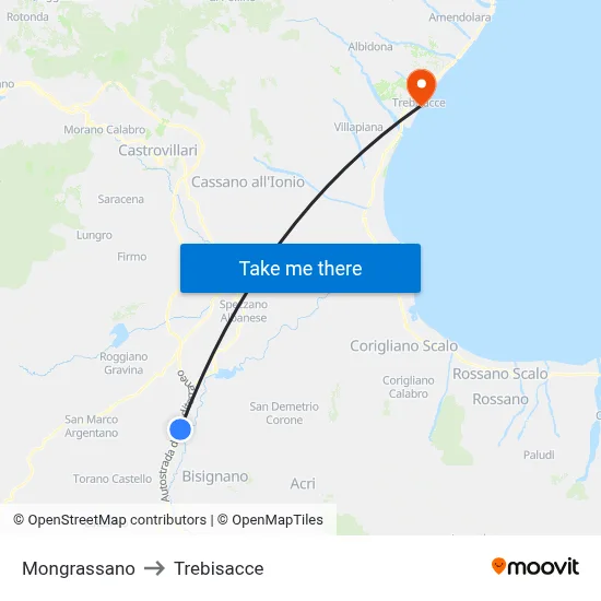 Mongrassano to Trebisacce map